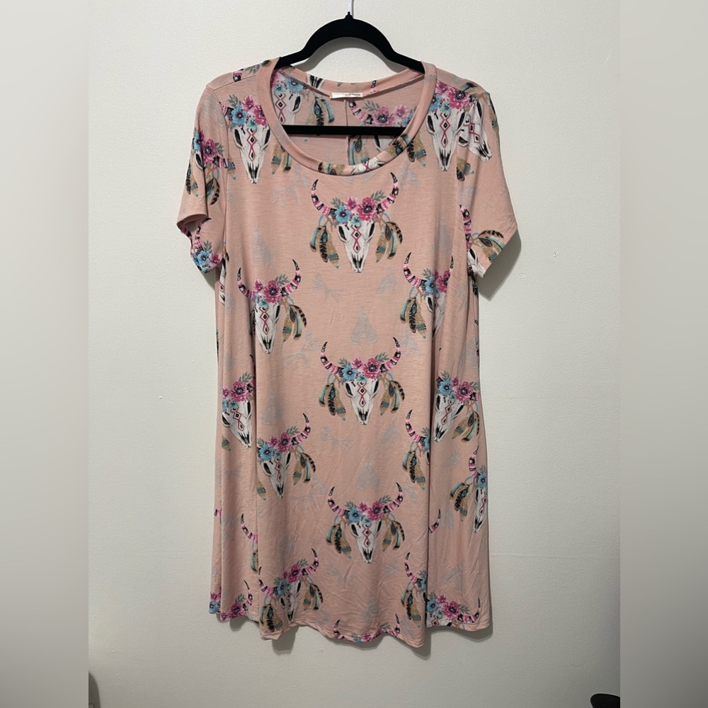 Baby Pink Cow Skull Floral Dress Short Sleeve Size 2X